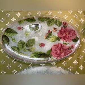 GORHAM Oval Glass Platter: Rose Serenade, 18”